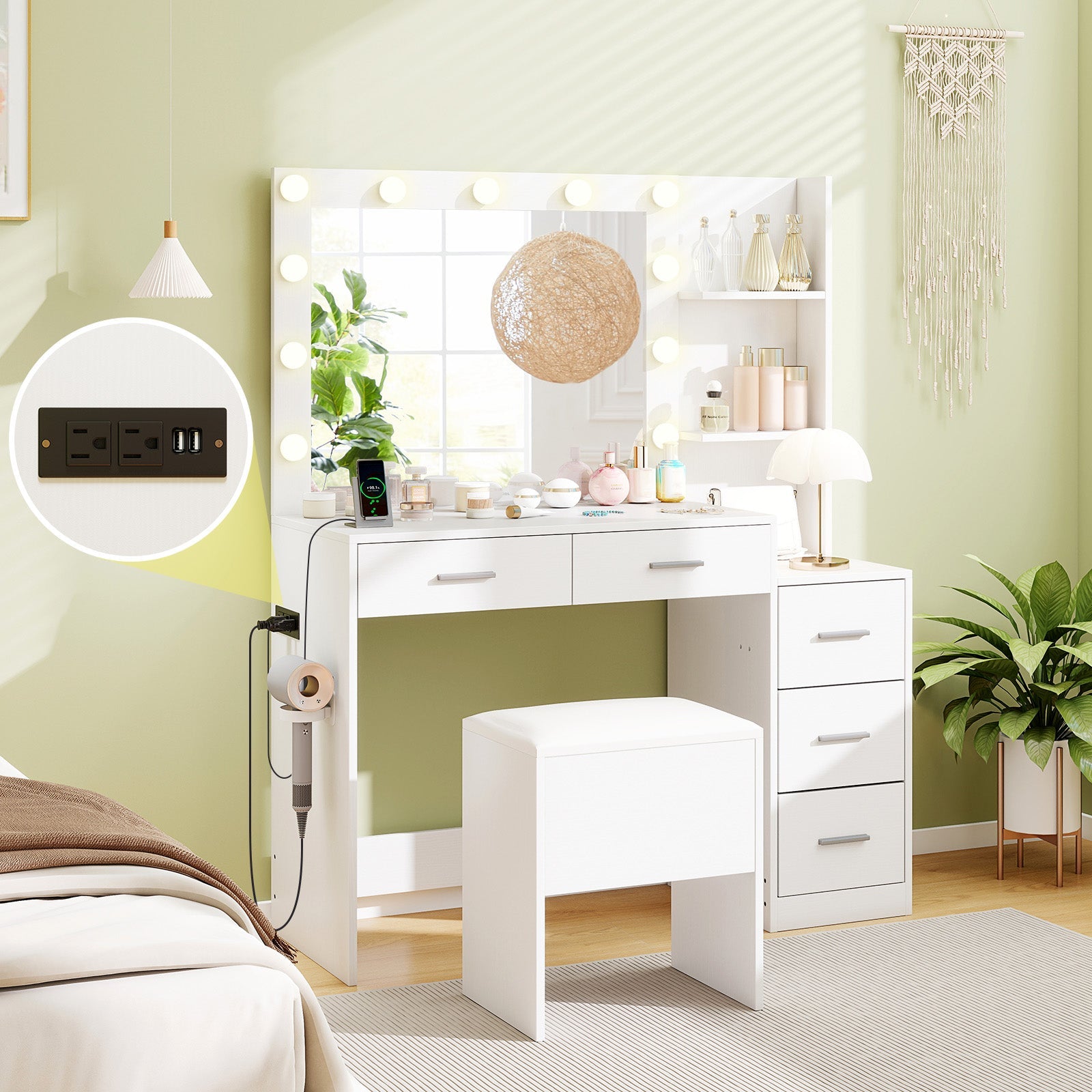 Makeup Table and Stool Set with Hair Dryer Stand-White